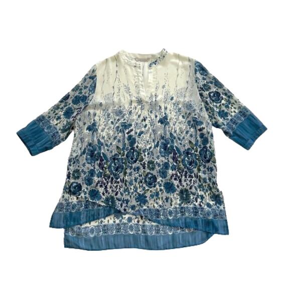 Soft Surroundings Ivory Blue Floral VNeck High Low Tunic Top Blouse Large Petite - Picture 7 of 12